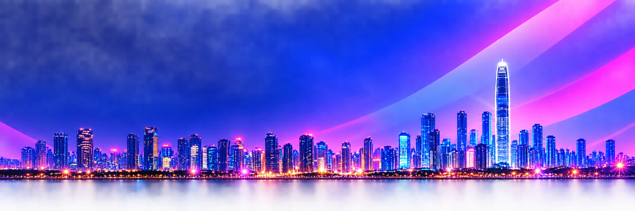 Neon blue and magenta Shenzhen waterfront artwork